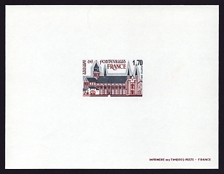 1978 1.70fr France 'Fontevraud Abbey' Proof Sheetlet, Epreuve de Luxe, Deluxe Presentation Miniature Sheet