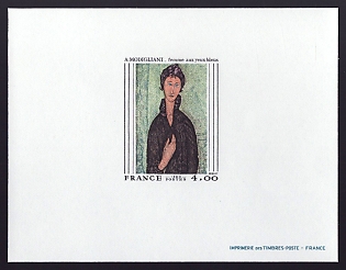 1980 4fr France 'Woman with BlueEyes, by Modigliani' Proof Sheetlet, Epreuve de Luxe, Deluxe Presentation Miniature Sheet