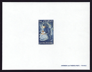 1980 1.10fr France 'Woman Embroidering' Proof Sheetlet, Epreuve de Luxe, Deluxe Presentation Miniature Sheet