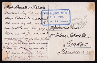1916 (23 Oct) Polish Legion in Austro-Hungarian Army, Picture Field Post Postcard from to Krakow, Rare Hungarian Field Post Postmark No 125, Blue Postmark of the Cadre of the Polish Legions / 23 October 1916 / Field Post 125