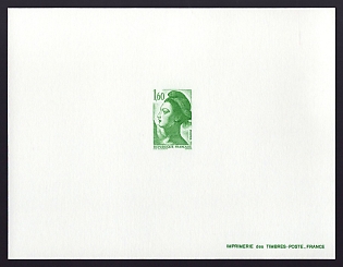 1982 1.60fr France 'Liberty, after Delacroix' Trial Color Proof Sheetlet, Epreuve de Luxe, Deluxe Presentation Miniature Sheet