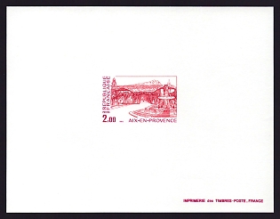1982 2fr France 'Renaissance Fountain, Aix-en Provence' Trial Color Proof Sheetlet, Epreuve de Luxe, Deluxe Presentation Miniature Sheet