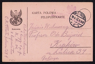 1917 (18 Apr) Polish Legion in Austro-Hungarian Army, Bilingual Field Post Postcard from Modlin to Krakow, Faint Purple Postmark of a command of the 1st Brigade of the Polish Legions