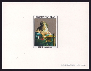 1982 4fr France 'The Lace maker, by Vermeer' Proof Sheetlet, Epreuve de Luxe, Deluxe Presentation Miniature Sheet