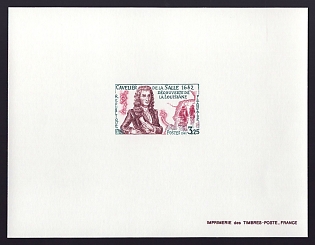 1982 3.25fr France 'Cavelier de la Salle (1643-1687), Explorer' Proof Sheetlet, Epreuve de Luxe, Deluxe Presentation Miniature Sheet