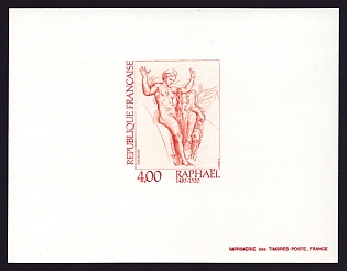 1983 4fr France 'Female Nude, by Raphael' Trial Color Proof Sheetlet, Epreuve de Luxe, Deluxe Presentation Miniature Sheet
