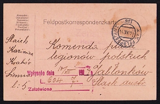 1914 6 (Dec) Polish Legion in Austro-Hungarian Army, Field Post Postcard to Garrison Command of the Polish Legions in Jabłonków, Austrian K.u.K. (Royal and Imperial) Field Post Postmark No 186, Red Polisch Incoming Mail Registration Postmark, Faint Purple Censorship Postmark