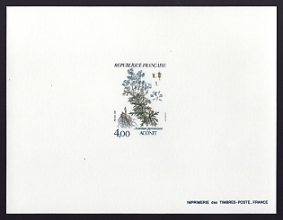 1983 4fr France 'Aconite' Proof Sheetlet, Epreuve de Luxe, Deluxe Presentation Miniature Sheet