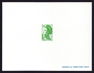1983-87 1.70fr France 'Liberty Type of 1982' Trial Color Proof Sheetlet, Epreuve de Luxe, Deluxe Presentation Miniature Sheet