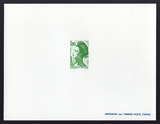 1983-87 1.80fr France 'Liberty Type of 1982' Trial Color Proof Sheetlet, Epreuve de Luxe, Deluxe Presentation Miniature Sheet