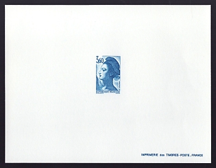 1983-87 3.60fr France 'Liberty Type of 1982' Trial Color Proof Sheetlet, Epreuve de Luxe, Deluxe Presentation Miniature Sheet