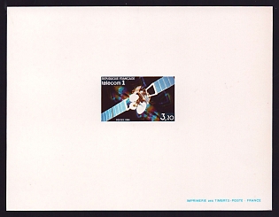 1984 3.20fr France 'Telecom I Satellite' Proof Sheetlet, Epreuve de Luxe, Deluxe Presentation Miniature Sheet