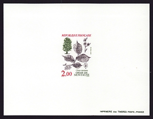 1985 2fr France 'Trees, leaves and fruit of the beech, elm, oak and spruce varieties' Proof Sheetlet, Epreuve de Luxe, Deluxe Presentation Miniature Sheet