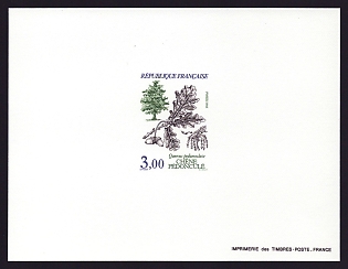 1985 3fr France 'Trees, leaves and fruit of the beech, elm, oak and spruce varieties' Proof Sheetlet, Epreuve de Luxe, Deluxe Presentation Miniature Sheet