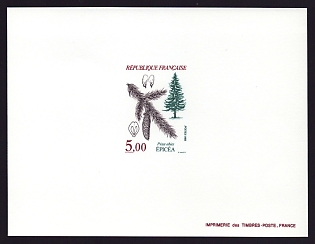 1985 5fr France 'Trees, leaves and fruit of the beech, elm, oak and spruce varieties' Proof Sheetlet, Epreuve de Luxe, Deluxe Presentation Miniature Sheet