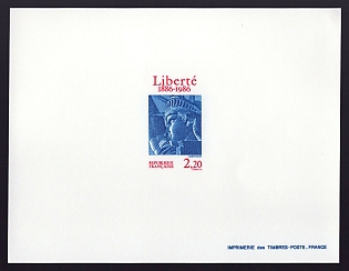 1986 2.20fr France 'Statue of Liberty, Cent' Proof Sheetlet, Epreuve de Luxe, Deluxe Presentation Miniature Sheet