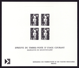 1990-92 2.30fr France 'Marianne' Sunken Compound Trial Color Proof Sheetlet, Epreuve de Luxe, Deluxe Presentation Miniature Sheet