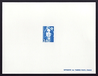 1990-92 3.40fr France 'Marianne' Trial Color Proof Sheetlet, Epreuve de Luxe, Deluxe Presentation Miniature Sheet
