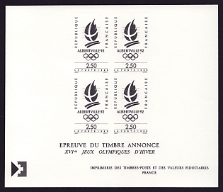 1990 2.50fr France '1992 Winter Olympics, Albertville' Sunken Compound Trial Color Proof Sheetlet, Epreuve de Luxe, Deluxe Presentation Miniature Sheet
