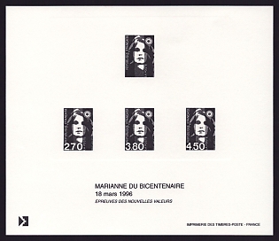 1993-96 2.70-4.50fr France 'Marianne Type of 1990' Compound Trial Color Proof Sheetlet, Epreuve de Luxe, Deluxe Presentation Miniature Sheet