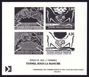 1994 2.80-4.30fr France 'Opening of Channel Tunnel' Sunken Compound Trial Color Proof Sheetlet, Epreuve de Luxe, Deluxe Presentation Miniature Sheet