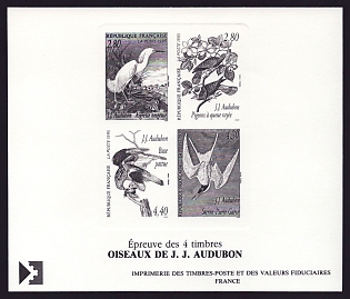 1995 2.80-4.40fr France 'John J. Audubon (1785-1851)' Sunken Compound Trial Color Proof Sheetlet, Epreuve de Luxe, Deluxe Presentation Miniature Sheet