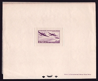 1942 1.50fr + 3.50fr France 'Planes over Fields' Sunken Trial Color Proof Sheetlet, Epreuve de Luxe, Deluxe Presentation Miniature Sheet