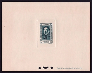 1943 60c + 80c France 'Michel de Montaigne' Sunken Trial Color Proof Sheetlet, Epreuve de Luxe, Deluxe Presentation Miniature Sheet