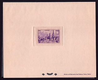 1945 2fr + 2fr France 'Ruins of Rouen' Sunken Trial Color Proof Sheetlet, Epreuve de Luxe, Deluxe Presentation Miniature Sheet