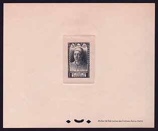1946 3fr + 1fr France 'Jean Fouquet' Sunken Trial Color Proof Sheetlet, Epreuve de Luxe, Deluxe Presentation Miniature Sheet