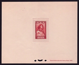 1946 4fr + 3fr France 'Philippe de Commynes' Sunken Trial Color Proof Sheetlet, Epreuve de Luxe, Deluxe Presentation Miniature Sheet