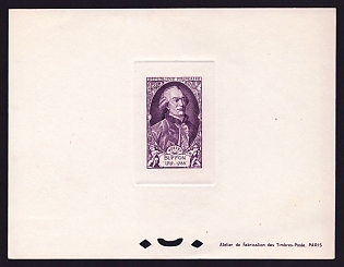 1949 12fr + 4fr France 'Georges de Bufton' Sunken Trial Color Proof Sheetlet, Epreuve de Luxe, Deluxe Presentation Miniature Sheet