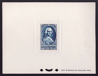 1953 12fr + 3fr France 'Count d'Argenson' Sunken Trial Color Proof Sheetlet, Epreuve de Luxe, Deluxe Presentation Miniature Sheet