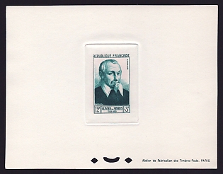 1953 12fr + 3fr France 'Olivier de Serres' Sunken Trial Color Proof Sheetlet, Epreuve de Luxe, Deluxe Presentation Miniature Sheet