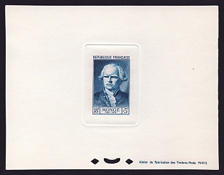 1953 18fr + 5fr France 'Gaspard Monge' Sunken Trial Color Proof Sheetlet, Epreuve de Luxe, Deluxe Presentation Miniature Sheet