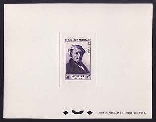 1953 20fr + 6fr France 'Jules Michelet' Sunken Trial Color Proof Sheetlet, Epreuve de Luxe, Deluxe Presentation Miniature Sheet