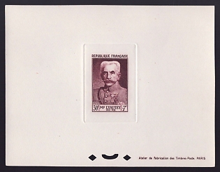 1953 30fr + 7fr France 'Marshal Hubert Lyautey' Sunken Trial Color Proof Sheetlet, Epreuve de Luxe, Deluxe Presentation Miniature Sheet