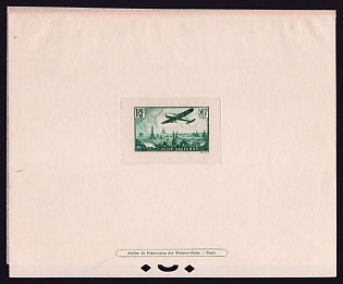 1936 85c France 'Plane over Paris' Sunken Airmail Trial Color Proof Sheetlet, Epreuve de Luxe, Deluxe Presentation Miniature Sheet