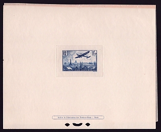 1936 1.50fr France 'Plane over Paris' Sunken Airmail Trial Color Proof Sheetlet, Epreuve de Luxe, Deluxe Presentation Miniature Sheet