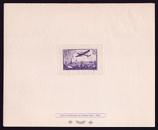 1936 2.25fr France 'Plane over Paris' Sunken Airmail Trial Color Proof Sheetlet, Epreuve de Luxe, Deluxe Presentation Miniature Sheet