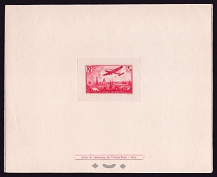 1936 2.50fr France 'Plane over Paris' Sunken Airmail Trial Color Proof Sheetlet, Epreuve de Luxe, Deluxe Presentation Miniature Sheet