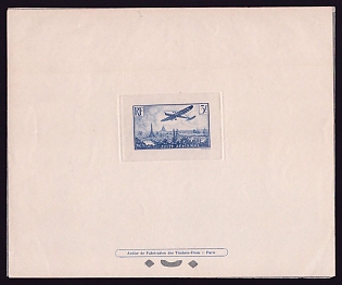 1936 3fr France 'Plane over Paris' Sunken Airmail Trial Color Proof Sheetlet, Epreuve de Luxe, Deluxe Presentation Miniature Sheet
