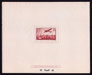 1936 3.50fr France 'Plane over Paris' Sunken Airmail Trial Color Proof Sheetlet, Epreuve de Luxe, Deluxe Presentation Miniature Sheet