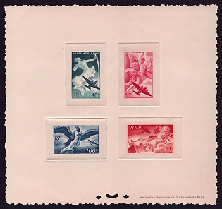 1946-47 40-200fr France 'Chariot of the Sun' Sunken Airmail Compound Trial Color Proof Sheetlet, Epreuve de Luxe, Deluxe Presentation Miniature Sheet
