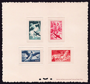 1946-47 40-200fr France 'Chariot of the Sun' Sunken Airmail Compound Trial Color Proof Sheetlet, Epreuve de Luxe, Deluxe Presentation Miniature Sheet