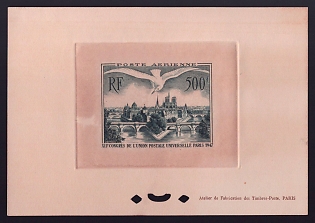 1947 500fr France 'Lie de la Cite, Paris, and Gull' Sunken Airmail Trial Color Proof Sheetlet, Epreuve de Luxe, Deluxe Presentation Miniature Sheet