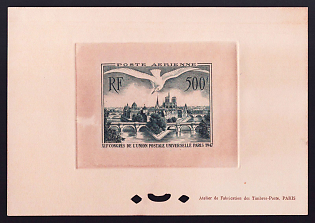 1947 500fr France 'Lie de la Cite, Paris, and Gull' Sunken Airmail Trial Color Proof Sheetlet, Epreuve de Luxe, Deluxe Presentation Miniature Sheet