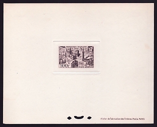 1949-50 100fr France 'View of Lille' Sunken Airmail Trial Color Proof Sheetlet, Epreuve de Luxe, Deluxe Presentation Miniature Sheet