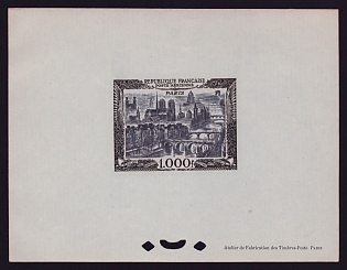 1949-50 1000fr France 'Air View of Paris' Airmail Trial Color Proof Sheetlet, Epreuve de Luxe, Deluxe Presentation Miniature Sheet