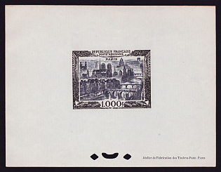 1949-50 1000fr France 'Air View of Paris' Airmail Trial Color Proof Sheetlet, Epreuve de Luxe, Deluxe Presentation Miniature Sheet